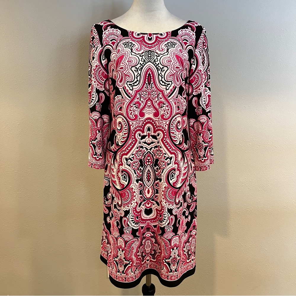 Muse Elegant Pink and Black Paisley long sleeve stretchy mini Dress size 12